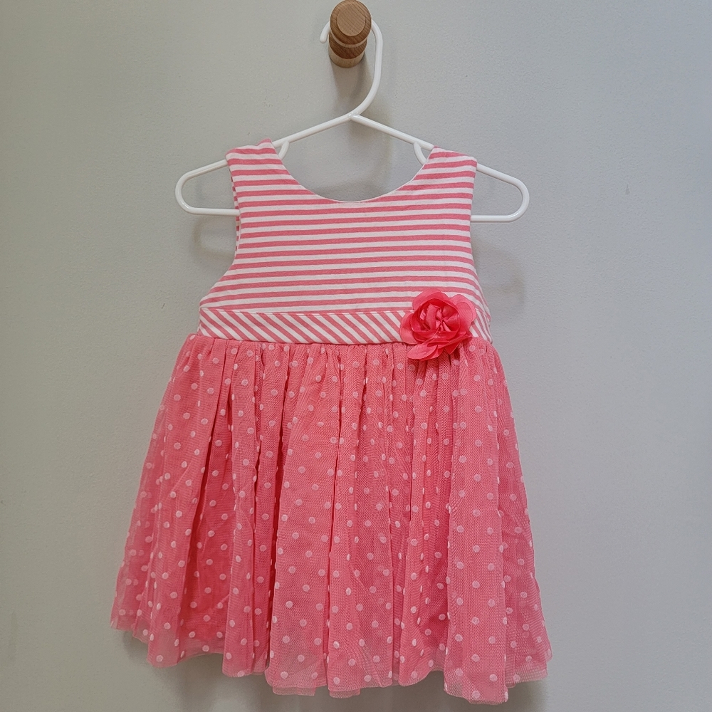 Little Me Cotton & Tulle Pink & White Stripe & Polka Dot Dress, size 18M
